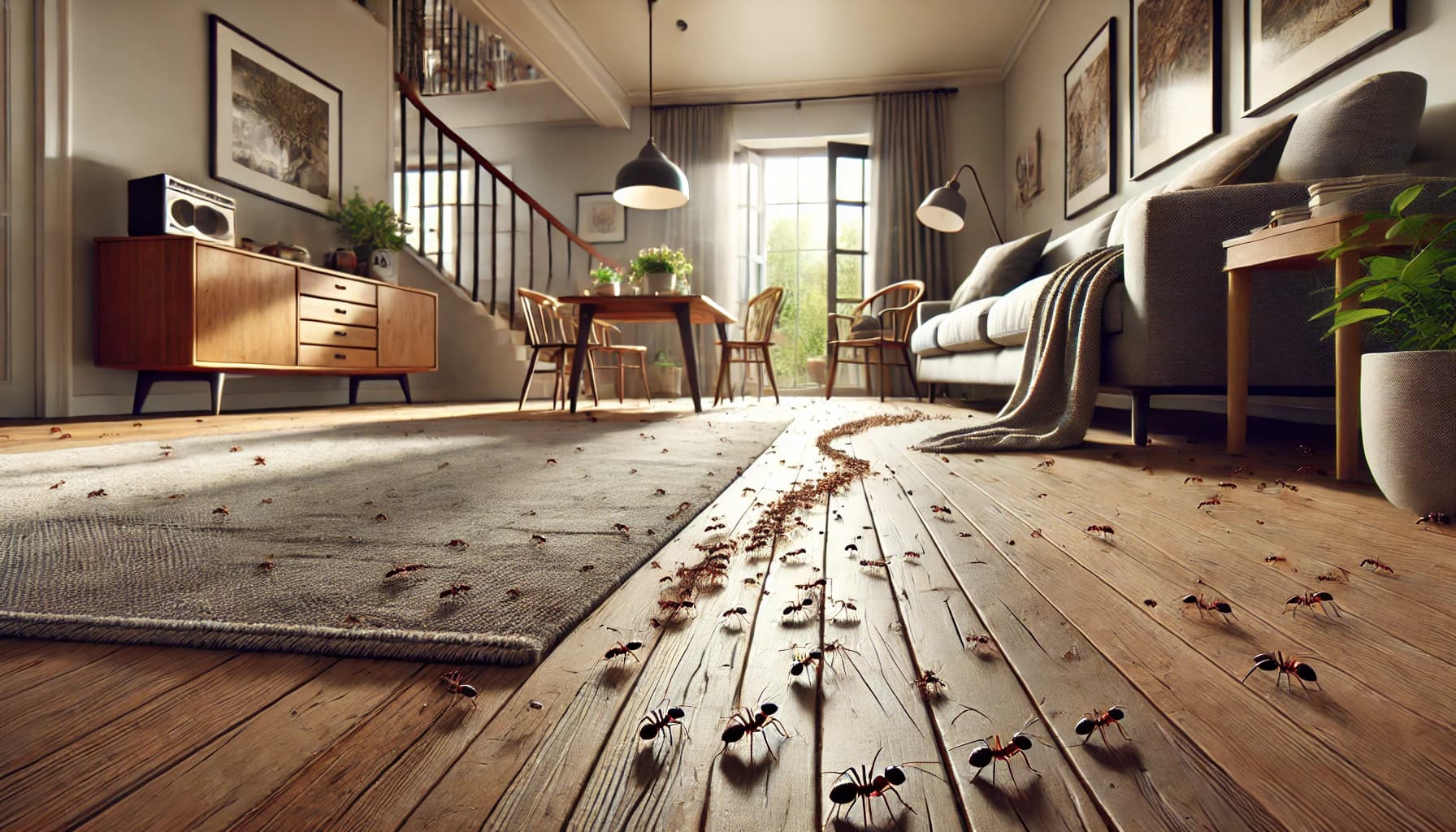 Ants trailing across a living room floor, demonstrating a common household ant infestation scenario.