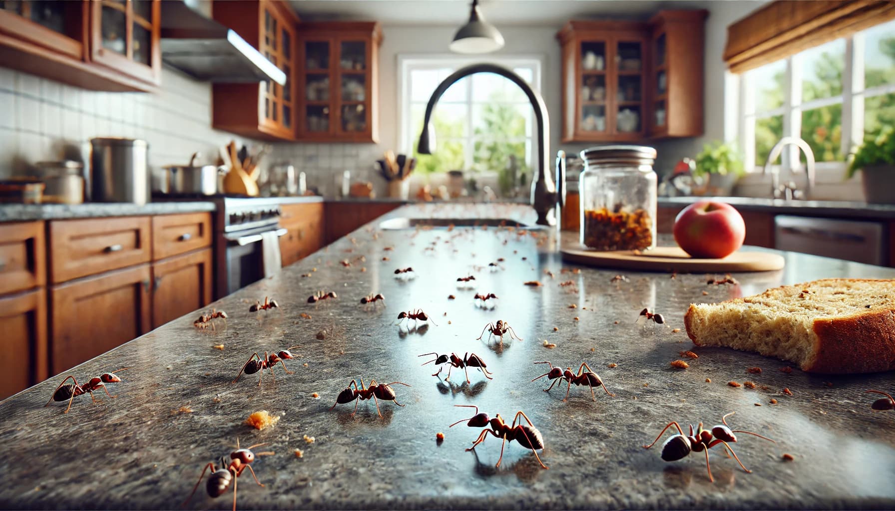 Ants crawling on a kitchen counter, showing an indoor infestation that requires professional pest control.