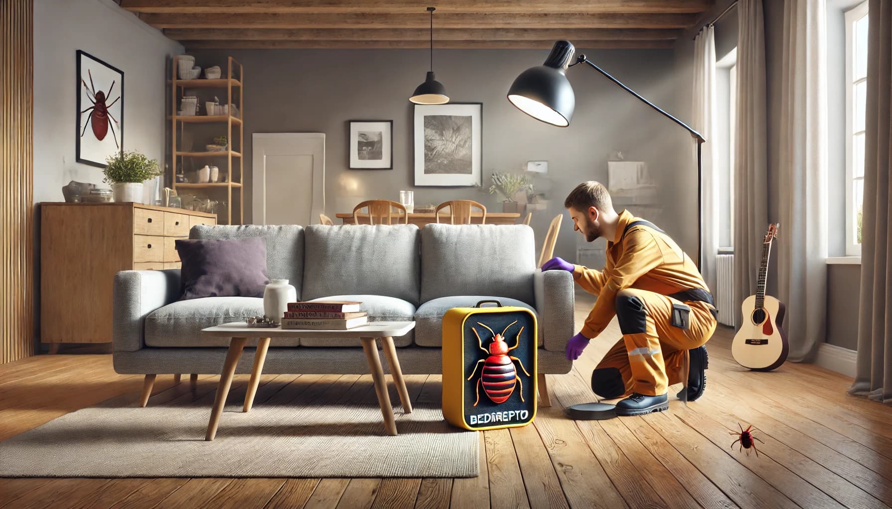 Pest control technician setting up a bedbug interception device under a couch leg in a family-friendly living room.