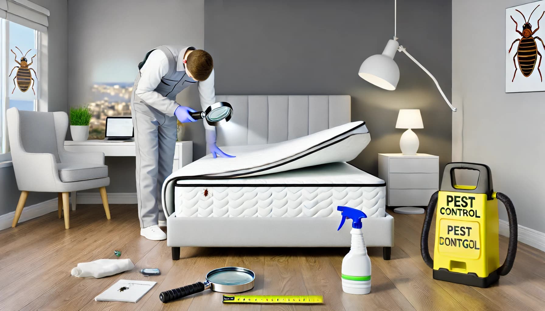 Pest control technician inspecting a mattress for bedbugs using a flashlight in a clean and modern bedroom.