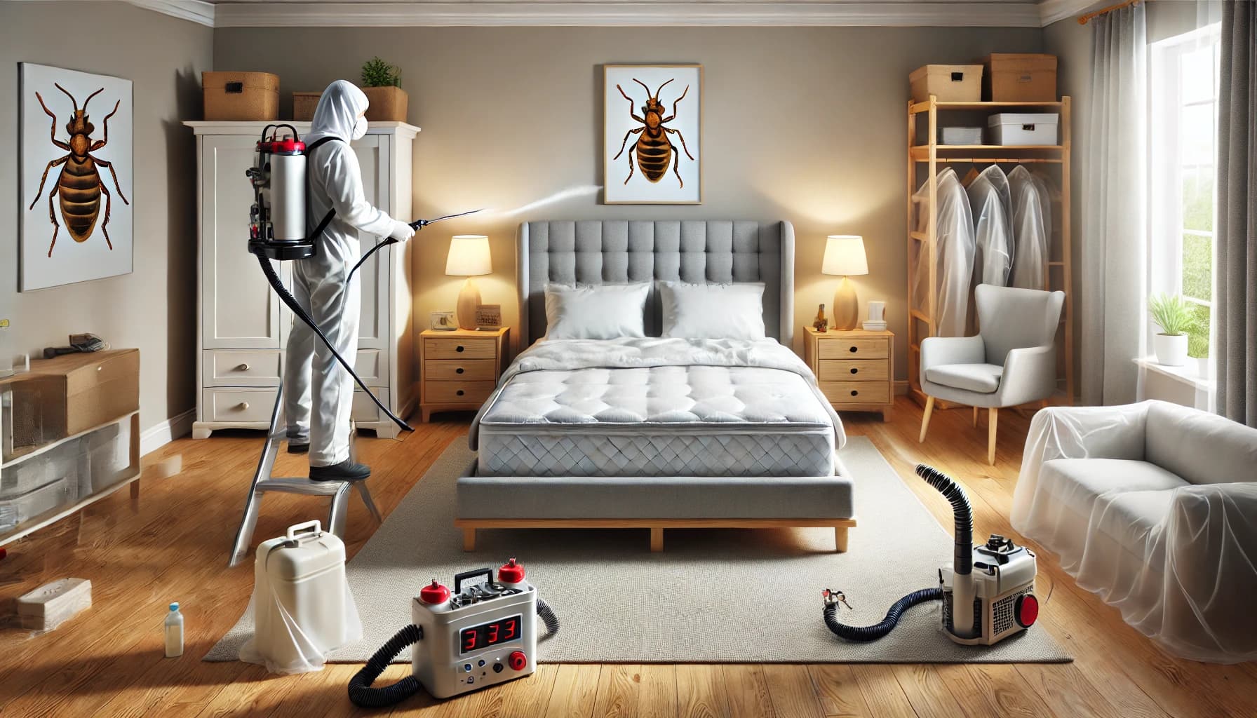 Pest control technician applying treatment around the bed frame to eliminate bedbugs in a clean bedroom.