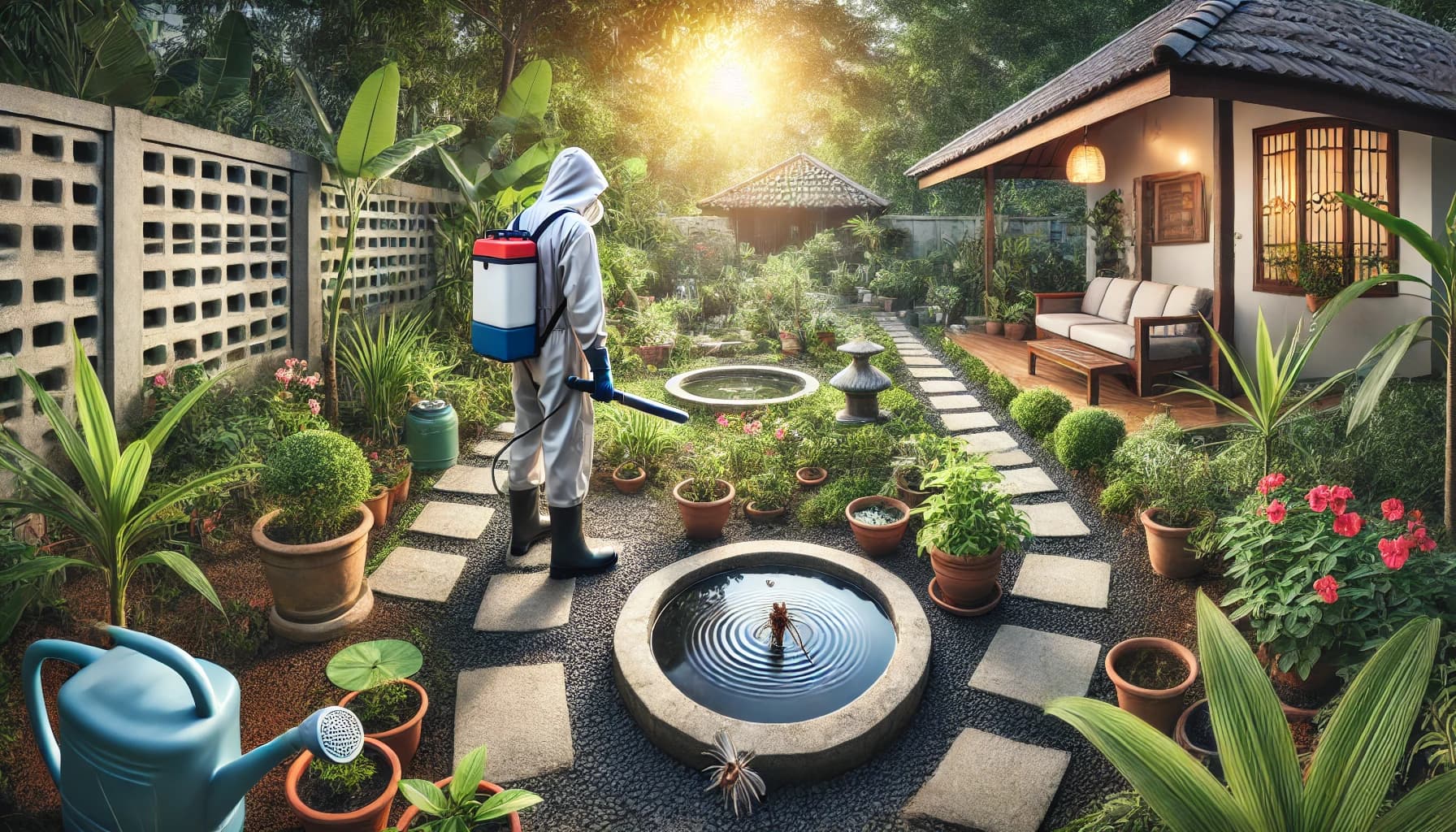 Pest control technician inspecting a backyard or garden area for mosquito breeding sites, checking flower pots and gutters.