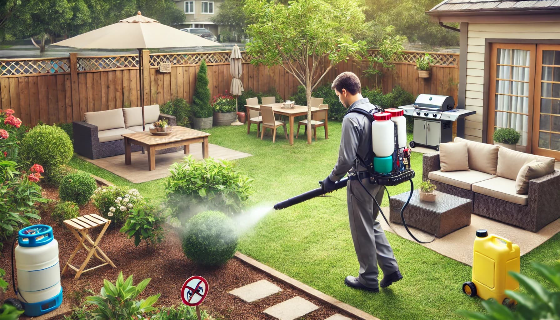 Pest control technician applying mosquito treatment around a yard using a backpack sprayer, near patio furniture and a barbecue grill.