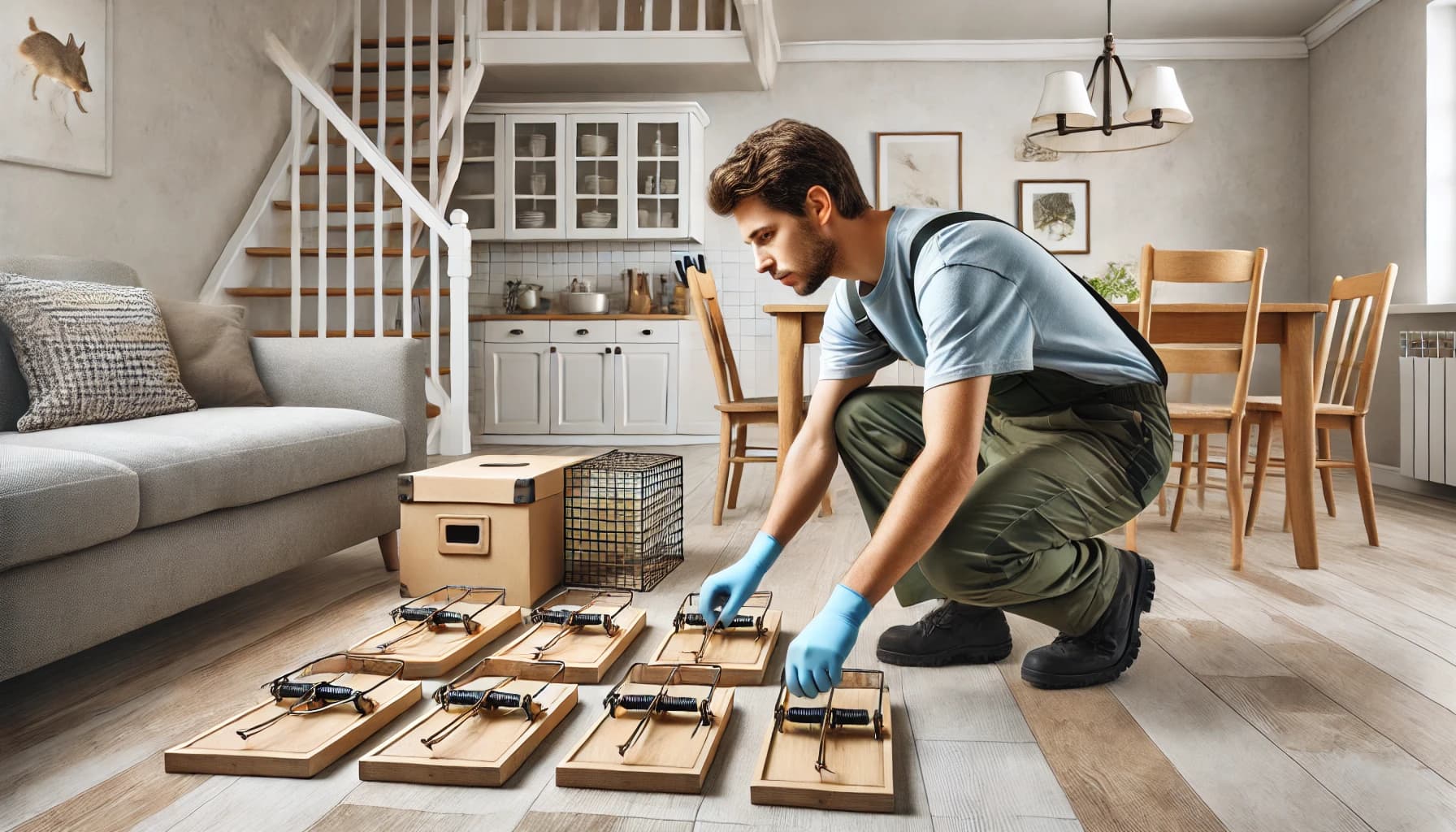 Pest control technician setting up traps and bait stations inside a home to control rodents.