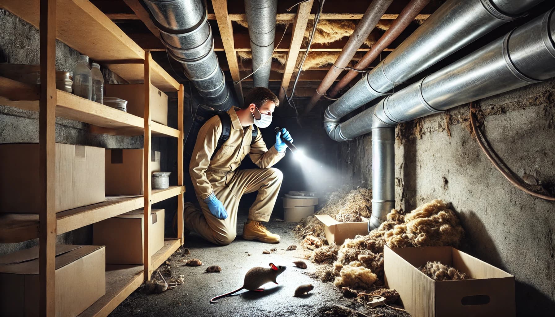 Pest control technician inspecting a basement or attic area for signs of rodent activity using a flashlight.