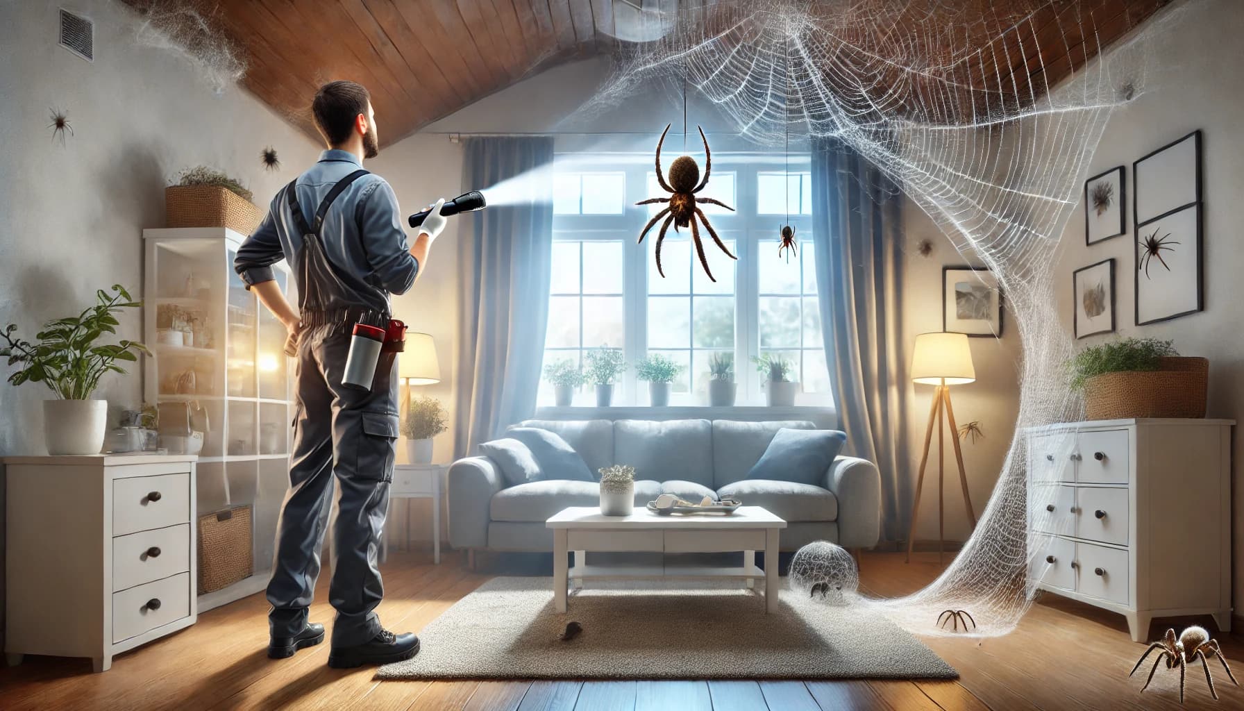 Pest control technician inspecting a home for signs of spider activity.