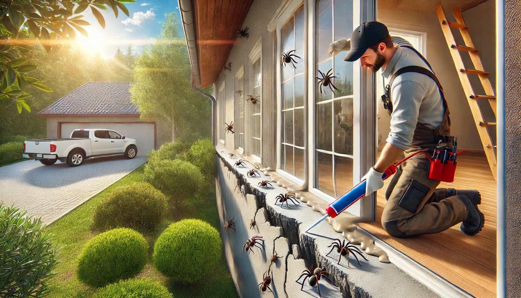 Pest control technician sealing cracks and gaps to prevent spiders from entering a home.