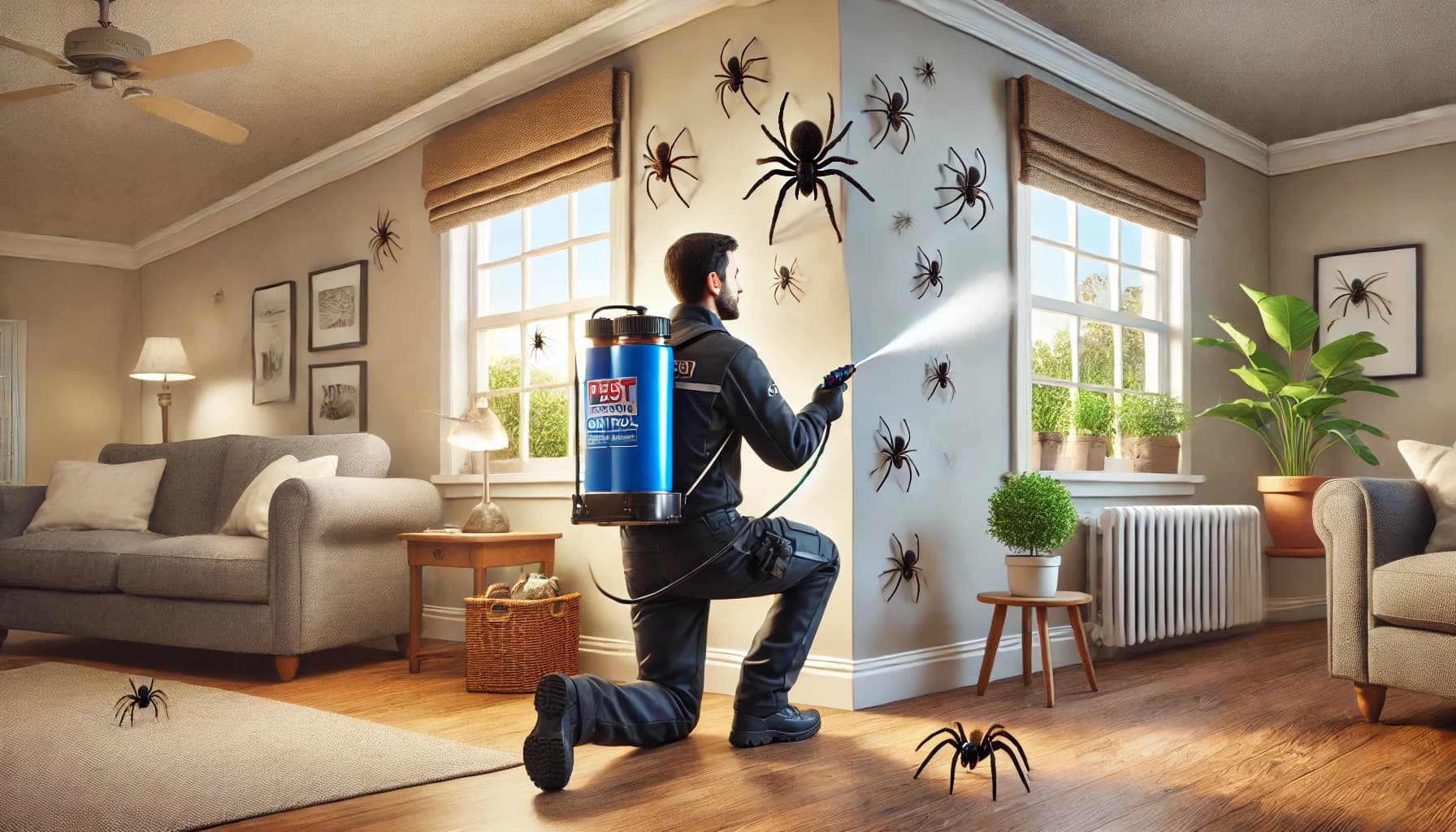 Pest control technician applying spider control treatments in a home.