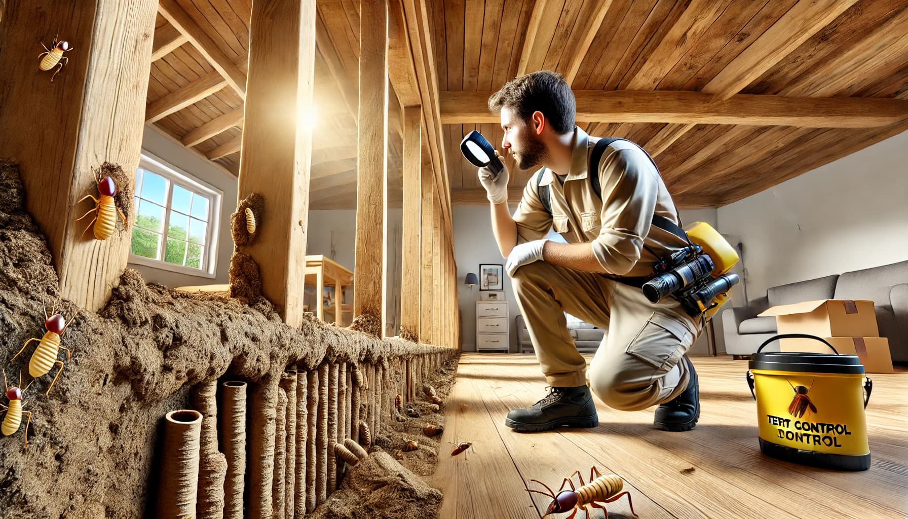 Pest control technician inspecting a home for signs of termite activity.