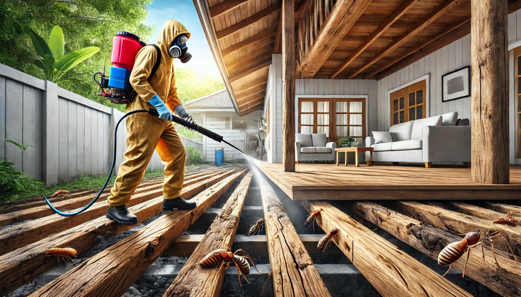 Pest control technician applying termite treatment to a home.