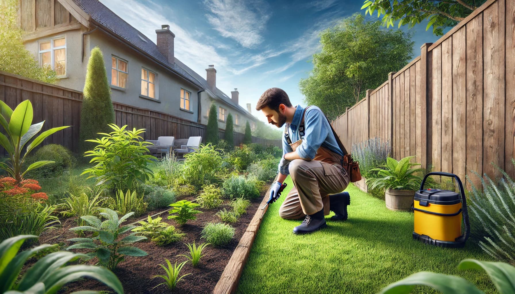 Pest control technician inspecting a garden or yard for signs of weed growth.