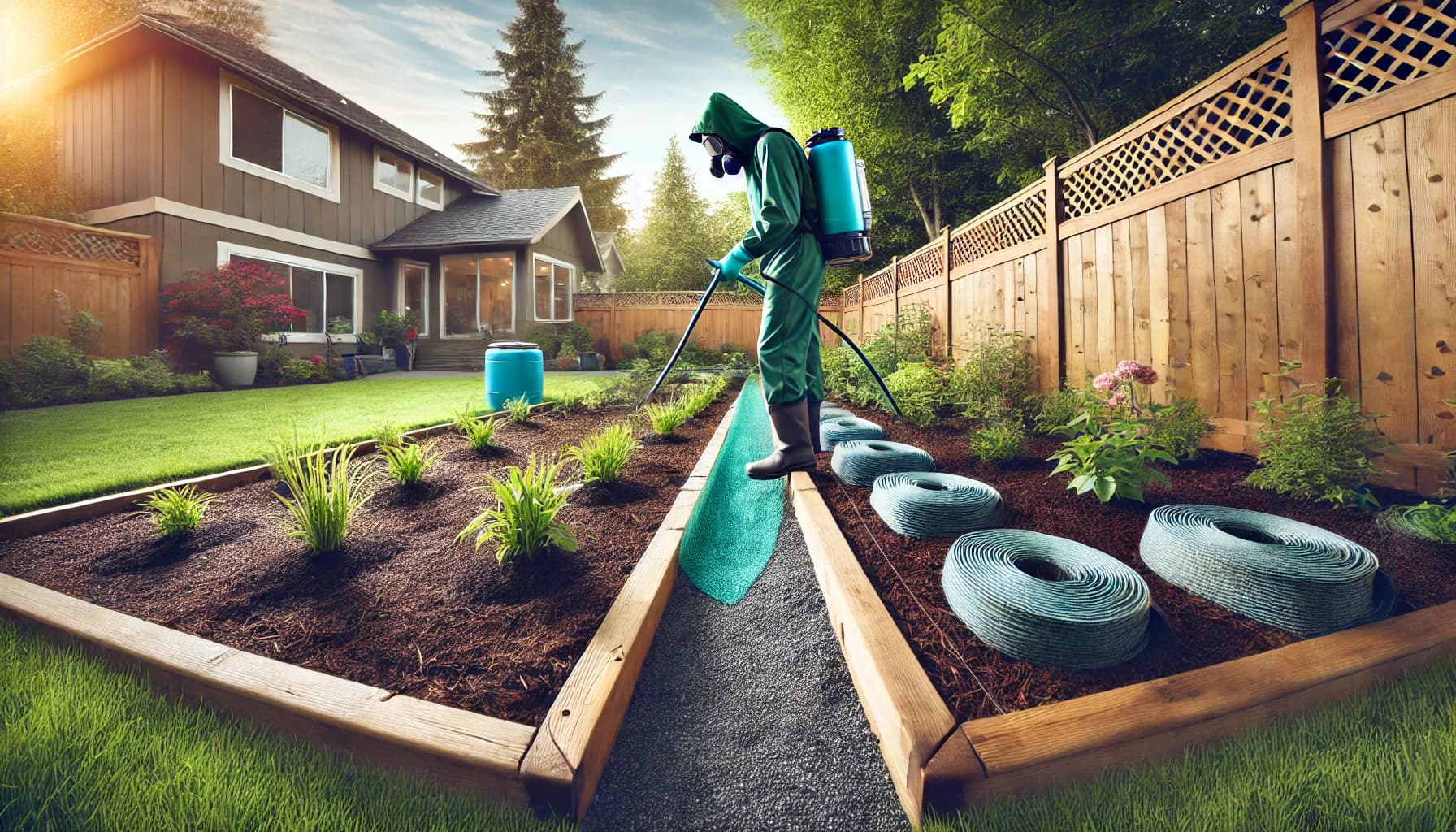 Pest control technician installing weed prevention measures in a yard or garden.