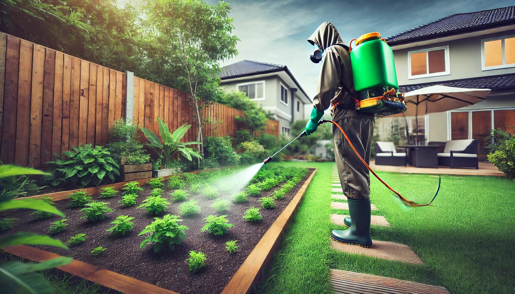 Pest control technician applying weed control treatments in a yard or garden.